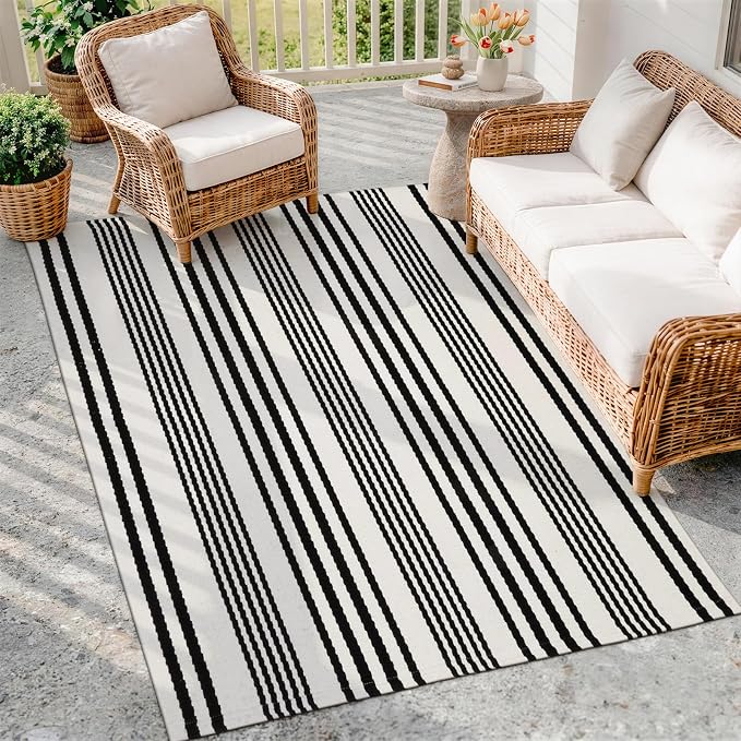 OJIA Outdoor Area Rug 4'x6' Black and White Outdoor Rugs Porch Patio Rug | Machine Washable Camping Rug Cotton Door Mat Indoor Outside Striped Rugs for Front Porch/Deck/Backyard/Balcony/Home Decor