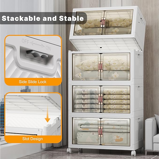 UAMFURI Stackable Storage Bins, 1440QT Collapsible Drawers with 2 Lids | Large Capacity, Magnetic Door, Stack Lock, Rolling Wheels, Foldable Design, Organizers and Storage for Bedroom Dorm Garage
