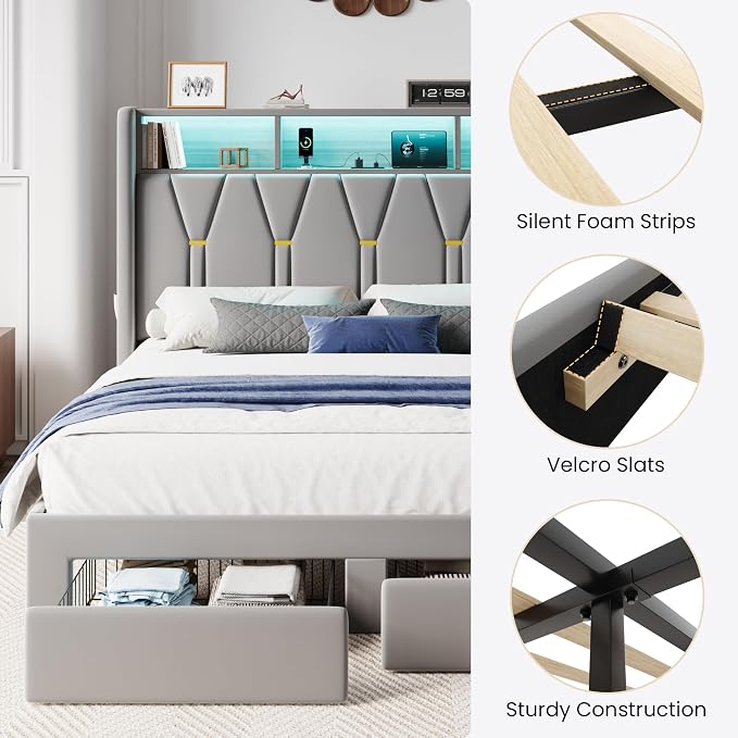 SHA CERLIN Full Velvet Platform Bed Frame with 2 Storage Drawers, LED Storage Headboard with Charging Station, Upholstered Wingback Headboard, Noise-Free, No Box Spring Needed, Easy Assembly, Grey