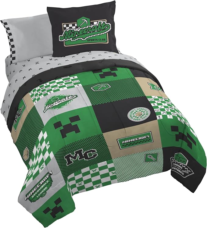Minecraft Creeper Queen Comforter Set 7 Piece Kids Bedding for Boys, Multi | Zombie Enderman, Comforter Sheets Shams Pillowcases, Official Product, Soft Microfiber, Machine Washable, Boys Gift