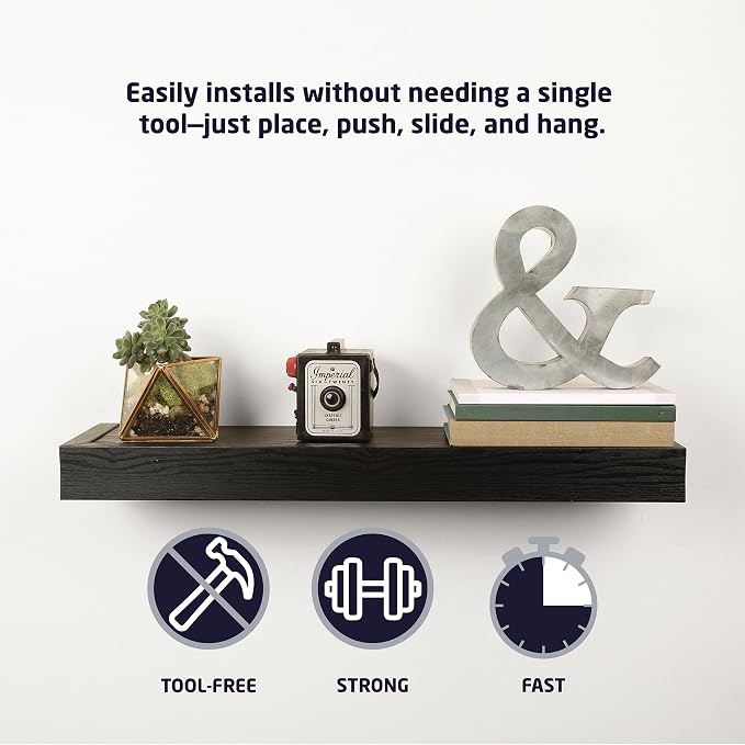 High & Mighty Floating Shelf, 24in x 6in, 1 Pack, Black | Black finish, 20lb capacity with tool-free drywall mounting, Ideal for books, plants, photos, and bathroom storage