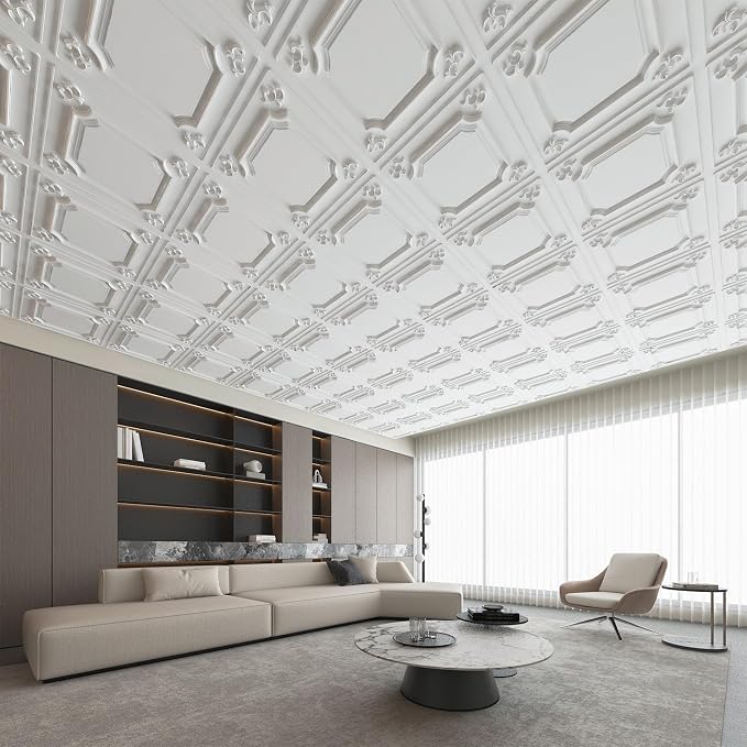 Art3d Drop Ceiling Tiles 24x24,(12-Pack, 48 Sq.ft),Wainscoting Panels Glue Up 2x2, Cloud-White | PVC, Water Resistant, Shatterproof, Fade-Resistant, Compatible with Grid System, Versatile for Living Room, Bedroom & Office