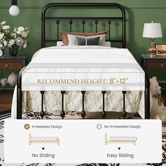 SHA CERLIN Twin Metal Bed Frame with Victorian Iron-Art Headboard, Black | Victorian Iron-Art Headboard and Footboard, Easy Assembly, Under Bed Storage, No Box Spring Required