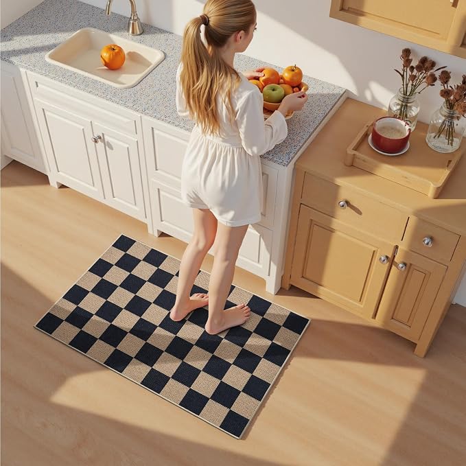 EDIMENS Checkered Easy Jute 2x3 Entryway Rugs Front Door Mat Entry Rug | Non Slip Small Area Rug Kitchen Mat Checkered Rug Farmhouse Low Pile Washable Black Indoor Outdoor Doormat for Porch Doorway