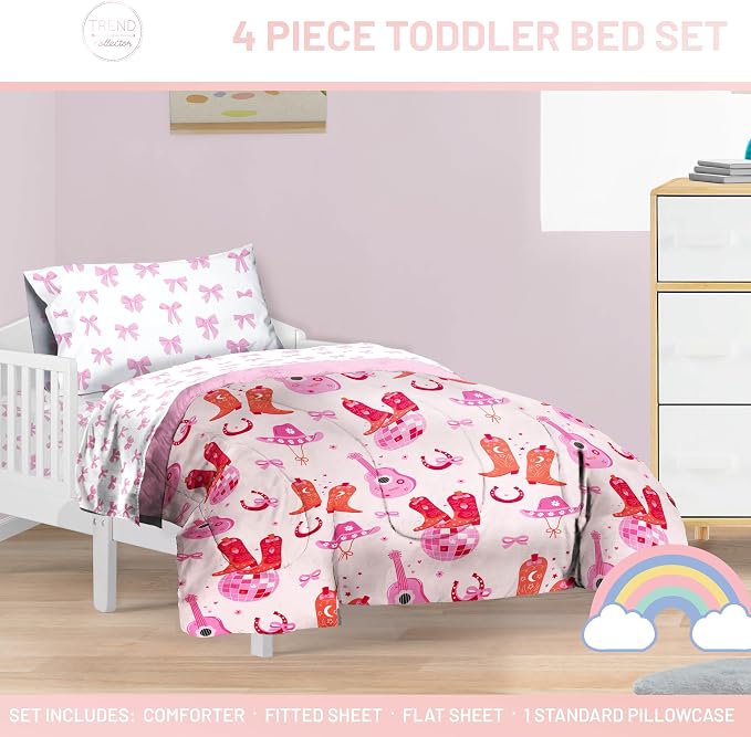 Trend Collector Cowgirl Toddler Comforter Set 4 Piece Bedding, Pink | Bed in a Bag, Comforter Sheets Pillowcase, Soft Microfiber, Machine Washable, Easy Care, Girls Gift