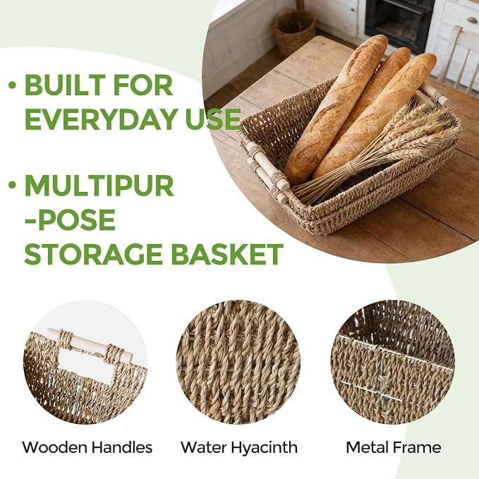 Wicker Baskets with Wooden Handles, Large Seagrass Storage Baskets