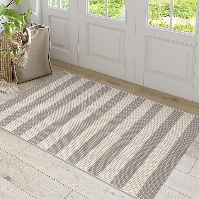 OJIA Indoor Outdoor Rugs 3'x5' Washable Area Rug Entryway Front Door Mat | Striped Front Porch Rug Outdoor Mats Cotton Small Indoor Carpet for Entry/Patio/Deck/Balcony/Bedroom/Living Room Gray/White