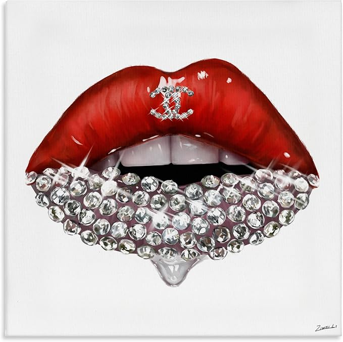 Stupell Industries Chic Red Lip Portrait Women's Fashion Stone Details Canvas Wall Art, 17x17, White