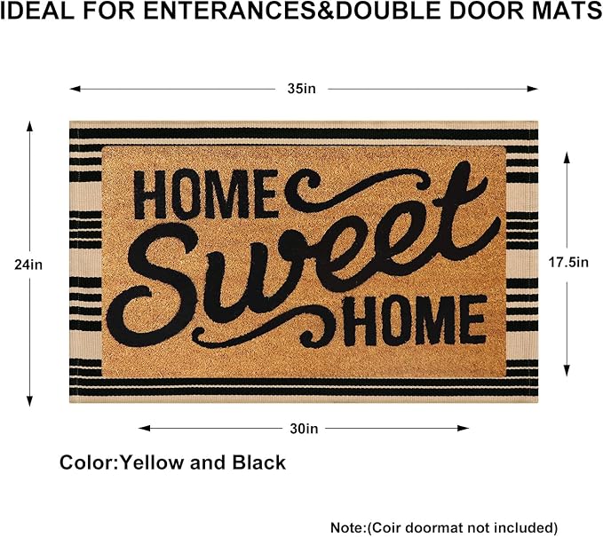 KIMODE Front Door Mats 24"x35", Striped Layered Door Mats Outdoor, Washable Farmhouse Outdoor Porch Fall Decor, Cotton Hand Woven Rugs for Entryway Kitchen Black and Khaki