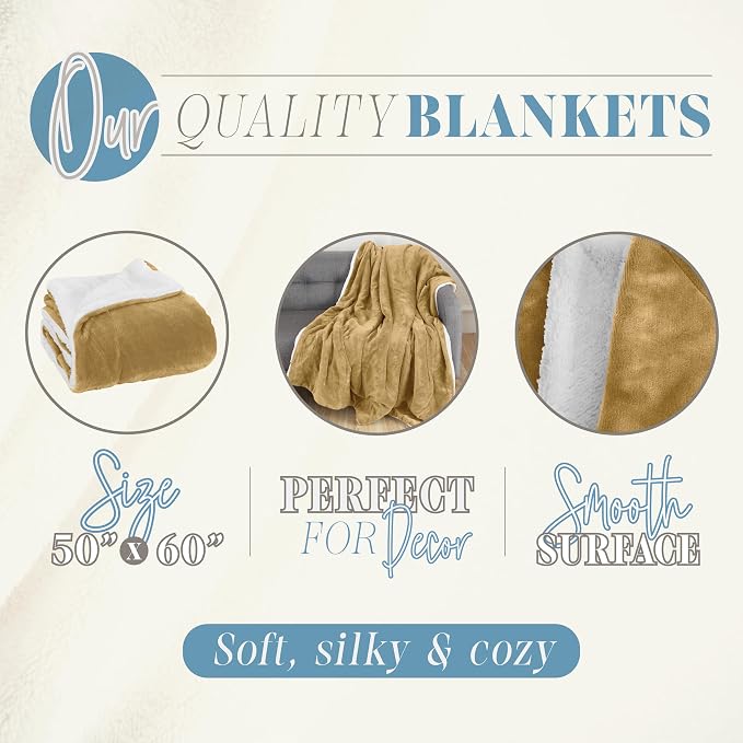 Elegant Comfort Reversible, Solid Sherpa Throw Blanket, All-Season Blanket- Super Soft, Cozy and Plush- Decorative Throw, Perfect for Lounging, 50 x 60 inches, Sherpa Throw Gold