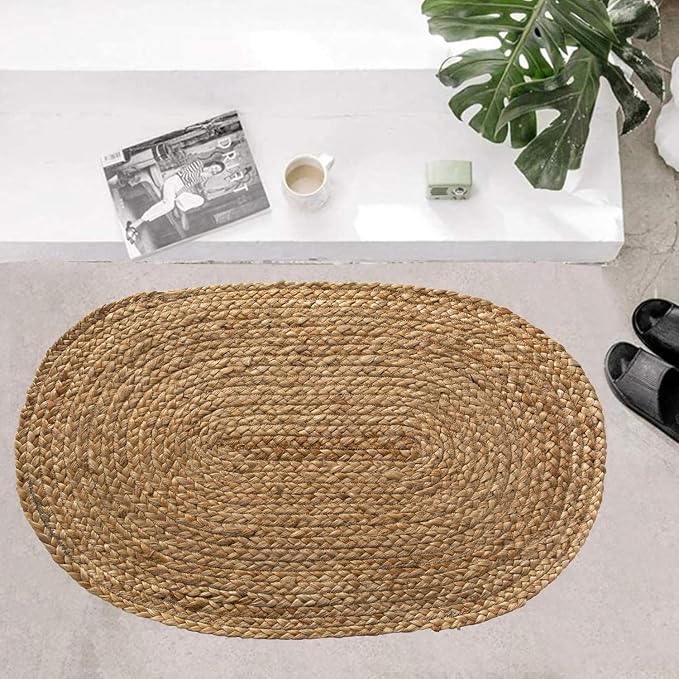 Chardin home Hand Woven Natural Jute Braided Rug -18x30 Inch Oval | Vintage Boho Reversible Doormat for Entryway, Front Door | Farmhouse Natural Fiber Rugs for Bedroom, Kitchen, Living Room