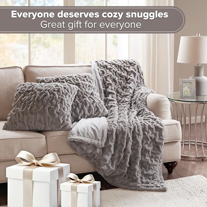 Comfort Spaces Ruched Throw Set Faux Fur Blanket for Sofa, 50 x 60, Grey | Plush, OEKO-TEX Certified