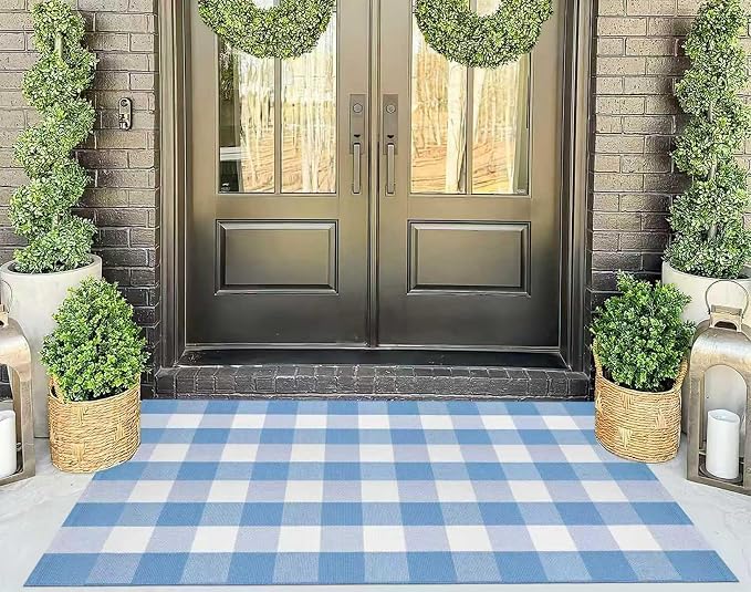 Buffalo Plaid Rug 3'x 5' Light Blue and White Checkered Porch Rug Cotton Woven Washable Layering Door Mat for Welcome Door Mat Porch Entryway Bedroom Living Room