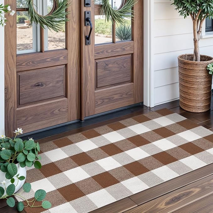 Collive Buffalo Plaid Checkered Outdoor Rug, Fall Autumn Decor Door Mat, 2x4.3 Coffee and White Front Porch Rug, Washable Welcome Layered Doormat Outside Entrance for Kitchen Entryway Patio