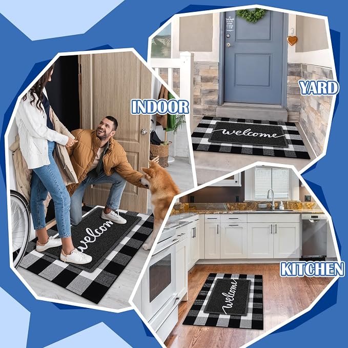 Geelin 2 Pcs 30'' x 18'' Doormat 43'' x 27.5'' Black and White Layered Rug for Front Door Mat Outside Entrance Welcome Door Mats for Indoor Outdoor Entryway Porch Decor(Welcome)