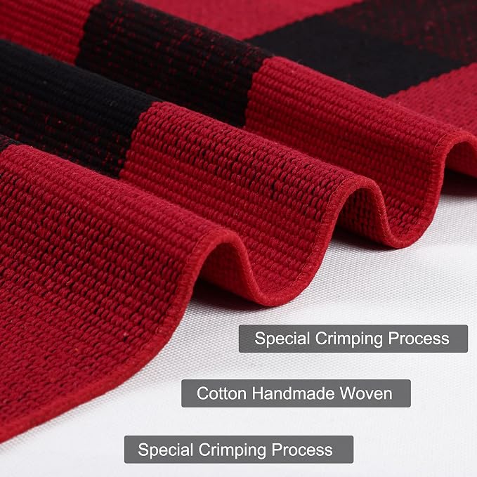 uxcell Buffalo Check Rug,Plaid Outdoor Rug,Layered Door Mat,Cotton Gingham Rugs,Floor Mat for Front Porch/Runner/Bedroom/Kitchen/Farmhouse 59"x35" Red & Black