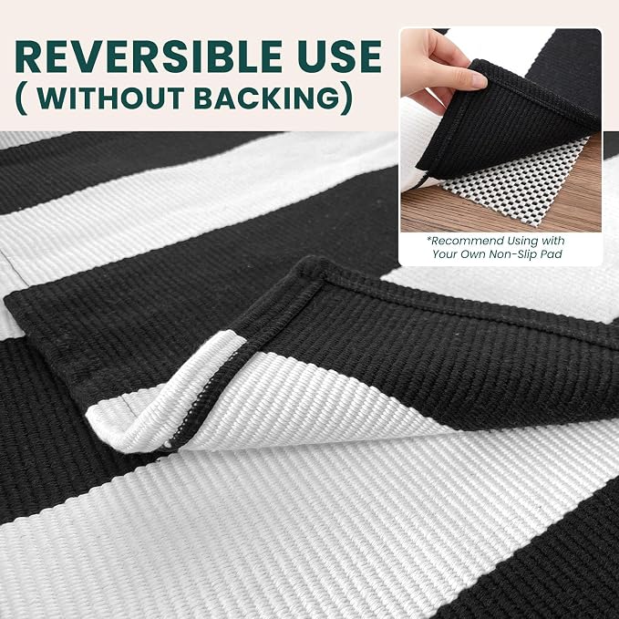 KOZYFLY Black and White Striped Runner Rug 2x4.3 ft Doormat Cotton Woven Washable Indoor Outdoor Rug Small Front Door Rugs for Entryway Porch Kitchen Patio Laundry Room