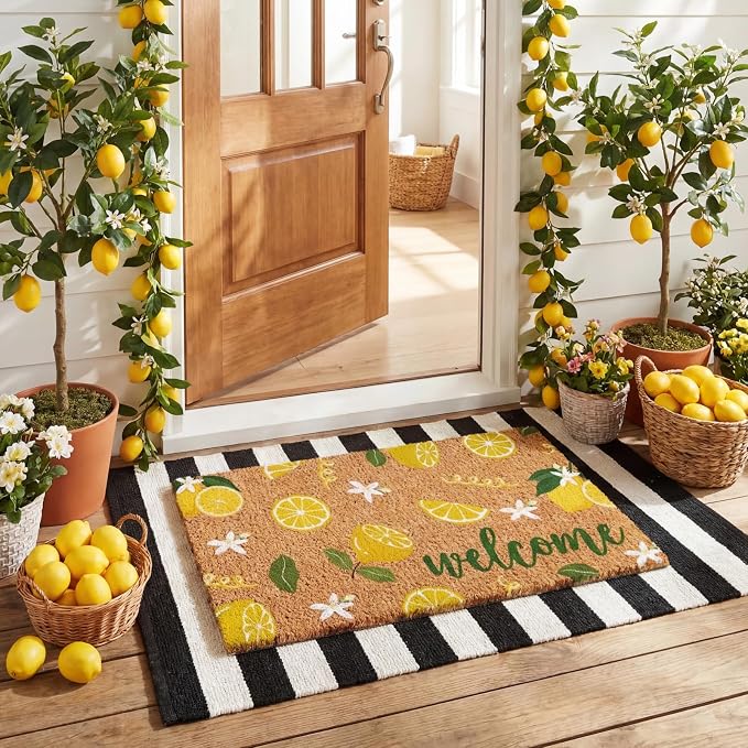 Moucuny 2 Pcs Lemon Coir Doormat Outdoor Summer Lemon Welcome Mats for Front Door 24'' x 35'' Black and White Striped Outdoor Rug 16'' x 28'' Layering Non Slip Summer Welcome Mat for Porch Front Decor