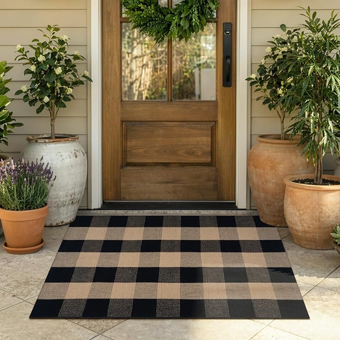 KIMODE Front Door Mat 27.5"x43",Black and Tan Checkered Outdoor Rug,Farmhouse Fall Front Porch Rug Decor,Cotton Woven Washable Layered Doormats for Front Door Outside Entrance