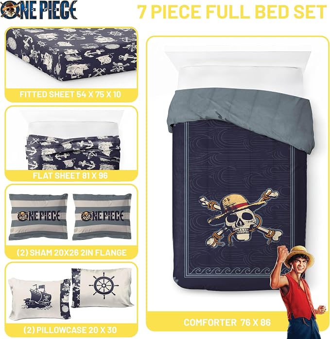One Piece Luffy Full Comforter Set 7 Piece Soft Anime Bedding, Blue | Bed in a Bag, Comforter Sheets Shams Pillowcases, Official Product, Soft Microfiber, Machine Washable, Kids Gift