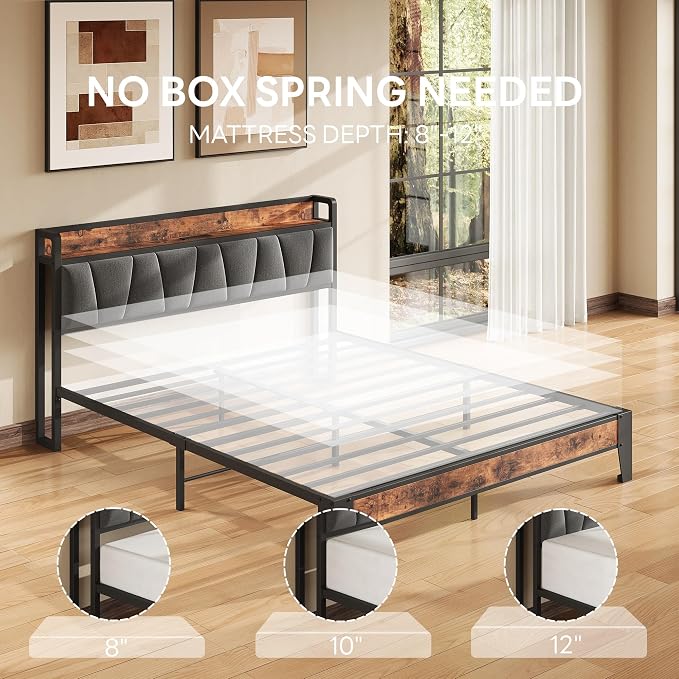 LIKIMIO Full Bed Frame, Storage Headboard with Charging Station, Solid and Stable, Noise Free, No Box Spring Needed, Easy Assembly