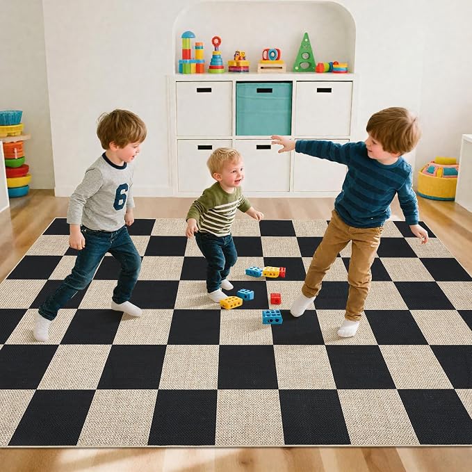 GarveeHome Checkered Easy Jute 5x7 Area Rugs for Living Room Machine Washable Non-Slip Backing Stain Resistant Modern Indoor Outdoor Rugs for Farmhouse Dining Room Patio Black