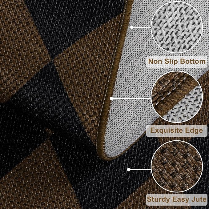 Rugalia Easy Jute Small Outdoor Patio Rug, 3x5 Coffee Checkered Entryway Rug Washable Modern Diamond Kitchen Rugs, Non-Slip Neutral Farmhouse Throw Carpet for Living Room Porch Backyard