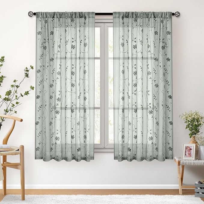 HOMEIDEAS Sage Green Sheer Curtains 63 Inches Length 2 Panels Embroidered - Image 7