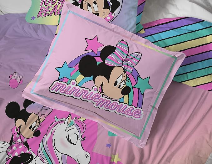 Disney Minnie Mouse Full Size Comforter Set 7 Piece Kids Bedding, Pink | Unicorn, Comforter Sheets Shams Pillowcases, Official Product, Soft Microfiber, Machine Washable, Girls Gift