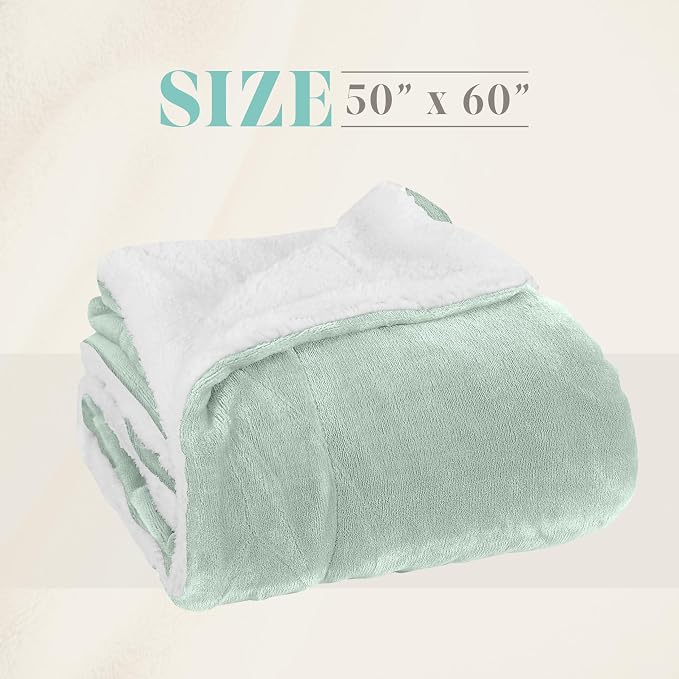 Elegant Comfort Throw Blanket, Reversible Sherpa Flannel, Ultra-Soft, Fuzzy, Cozy and Plush- All Season Lightweight Decorative Throw, 50 x 60 inches, Solid Sherpa Throw, Mint Green