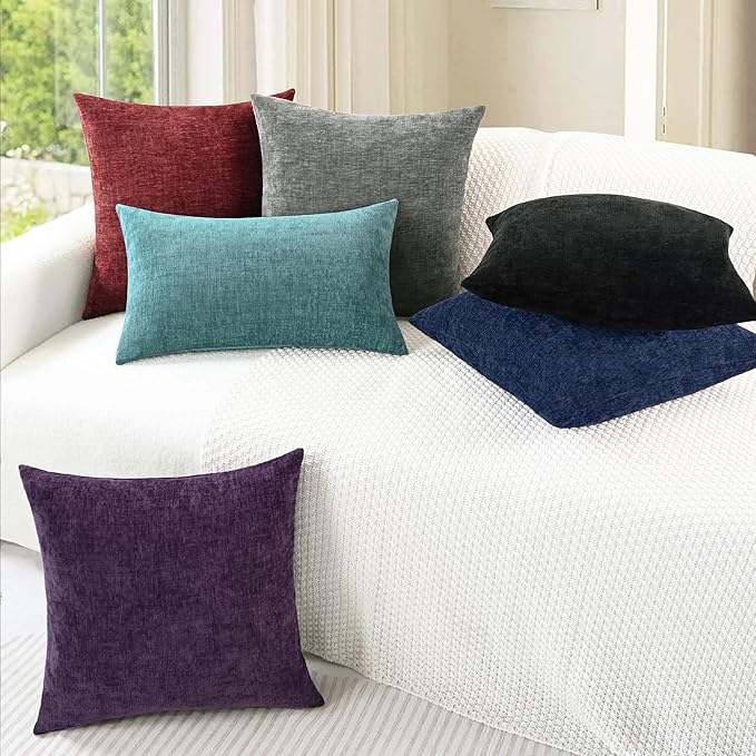CaliTime Throw Pillow Covers Decorative 20 X 20 Inches Pack of 2 Cozy Chenille Cushion Cases for Couch Sofa Bed Living Room Home Plum Purple