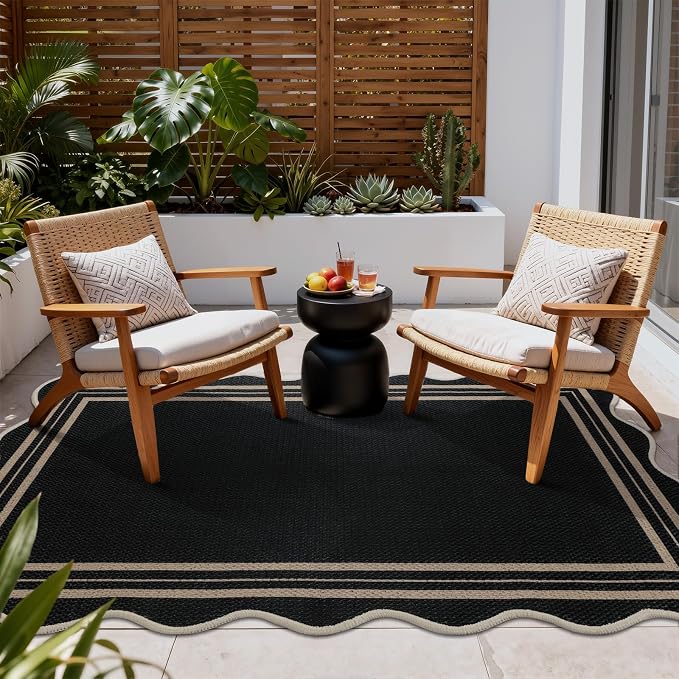 EDIMENS Scalloped Easy Jute 3x5 Outdoor Rug, Washable Non-Slip Geometric Black Rugs for Entryway, Indoor Outdoor Farmhouse Rug Modern Carpet Door Mat Area Rug for Patio Living Room Porch Kitchen