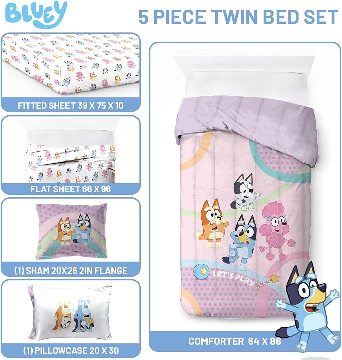 Jay Franco Bluey & Bingo Kids Comforter Set - 5 Piece Twin Bed in a Bag, Soft Microfiber Bedding with Sheets and Sham, Machine Washable, Officially Licensed, Pink