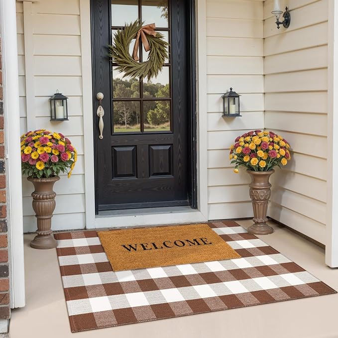 Buffalo Plaid Checkered Rug Fall Washable Outdoor Rug 3'x5' Front Door Mat | Small Porch Rug Carpet Cotton Door Mat Outside Entrance Autumn Layered Doormats for Patio Farmhouse Entryway Kitchen Foyer