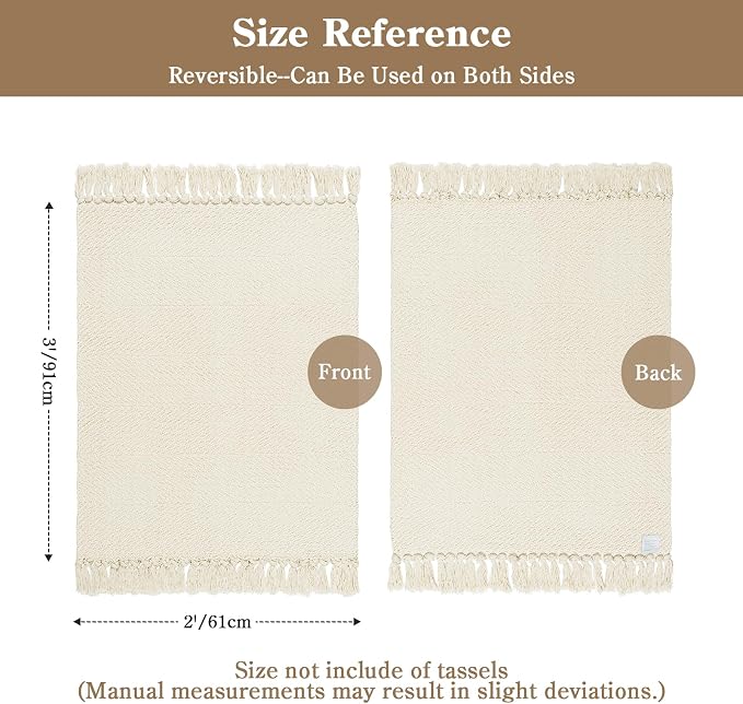 Collive Small Bathroom Rug 2' x 3', Modern Farmhouse Kitchen Rugs Hand Woven Washable Entryway Rugs, White Low Profile Front Door Mat Reversible Braided Carpet for Porch Back Bedroom Boho Decor