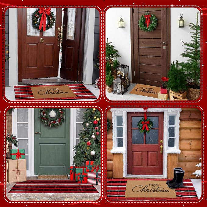 2 Pcs Outdoor Door Mat Combo Set Layered Outdoor Rug and Coir Welcome Doormat Non Slip Outside Floor Mat for Front Porch Entryway Patio Yard Decor(Merry Christmas,24'' X 51',18'' X 28'')