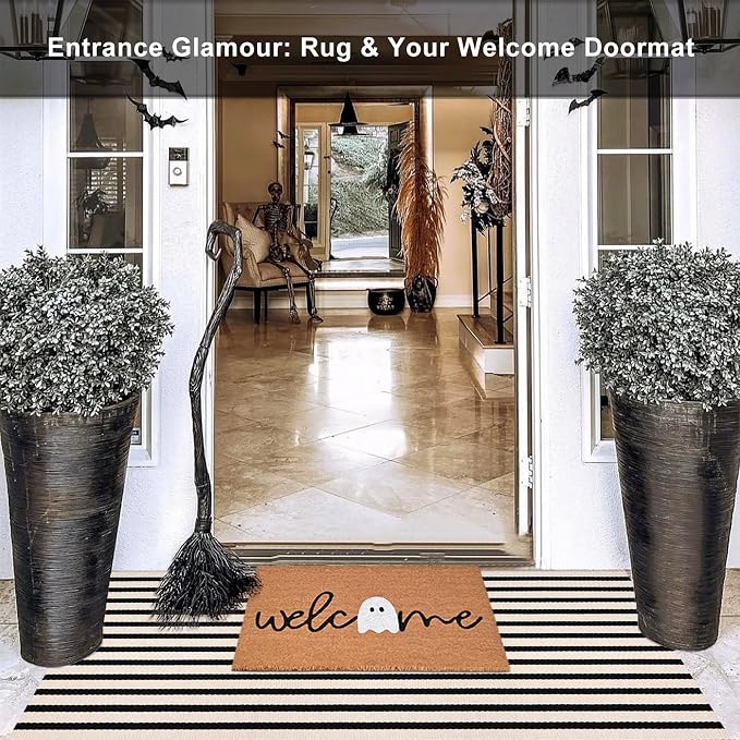 Black and White Striped Rugs, 3'x5' Area Rug Washable Indoor Outdoor Rug Front Porch Doormat Cotton Hand-Woven Farmhouse Layered Double Door Mats for Front Porch, Patio, Entryway, Laundry Room