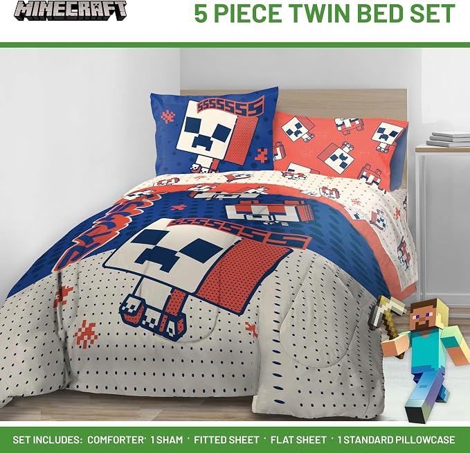 Minecraft Creeper Twin Comforter Set 5 Piece Soft Kids Bedding, Blue | Oishi Market, Bed in a Bag, Comforter Sheets Sham Pillowcase, Official Product, Soft Microfiber, Machine Washable, Kids Gift