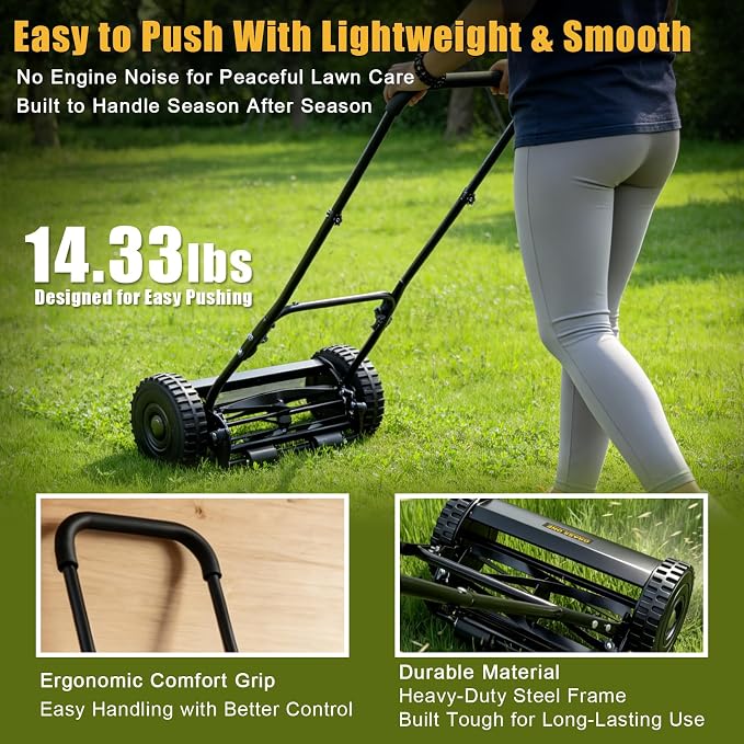 14-Inch Reel Lawn Mower, 5-Blade Manual Push Grass Cutter | 5 Cutting Heights, Durable 65Mn Steel Blades, Quiet Eco-Friendly Operation, Suitable For Small Yard