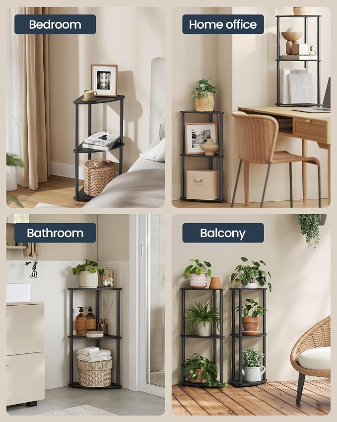 SONGMICS HOME Superfast Toolless Assembly, Corner Shelf Stand, 3-Tier Corner Standing Shelf, Living Room, Bedroom, Kitchen, 15 x 10.6 x 27.8 Inches, Ink Black ULBC620B01