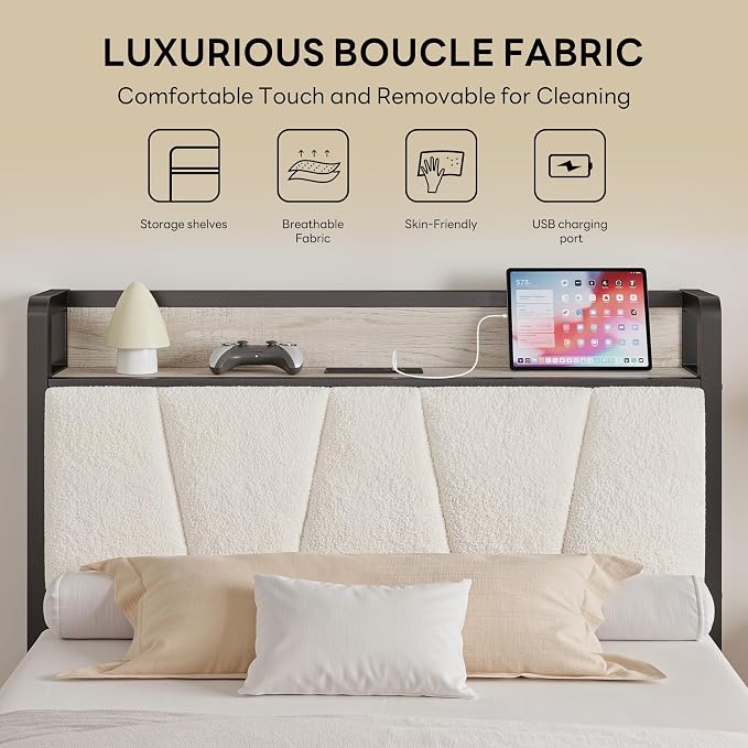 LIKIMIO Twin XL Bed Frames, Bouclé Storage Headboard with Charging Station, Solid and Stable, Noise Free, No Box Spring Needed, Easy Assembly