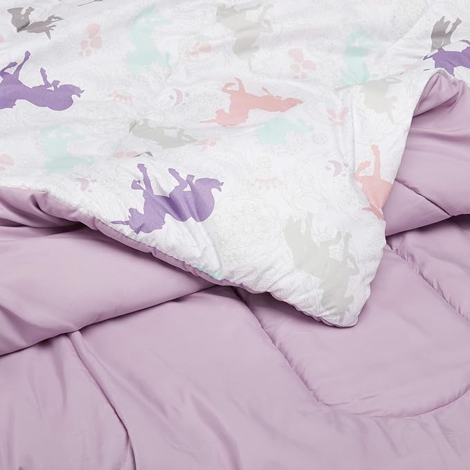 Amazon Basics 7-Piece Soft Microfiber Kid's Bed-in-a-Bag Bedding Set with Comforter and Sheet, Full/Queen, Purple Unicorns
