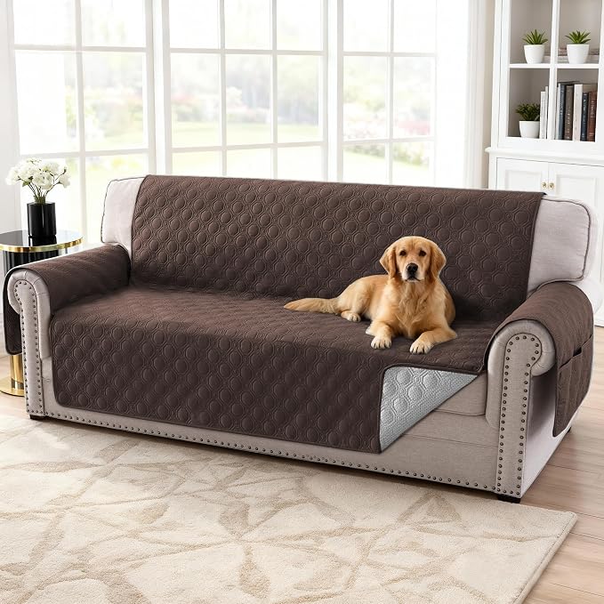 H.VERSAILTEX 100% Waterproof Couch Covers for 3 Cushion Couch Sofa Pet Friendly Thick Soft Sofa Covers Washable Non Slip Furniture Protector with Elastic Straps(Sofa, Brown)