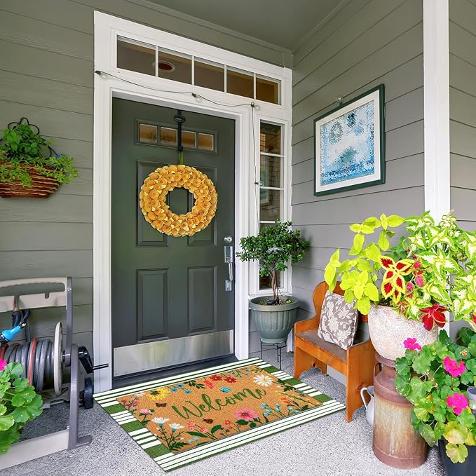Tinideya 2 Pcs Summer Floral Welcome Door Mat Wildflower Outdoor Layered Doormats for Front Door Non Slip Summer Coir Floor Mat Green White Stripe Rugs for Outside Front Porch Entryway Decor