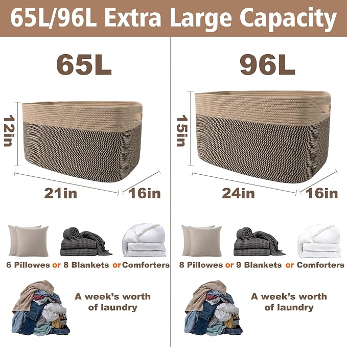JMvicyroam 65L Large Woven Cotton Rope Blanket Basket, Jute&Black | Blanket storage for living room or bedroom use, Freestanding with reinforced handles, Entire basket is machine washable