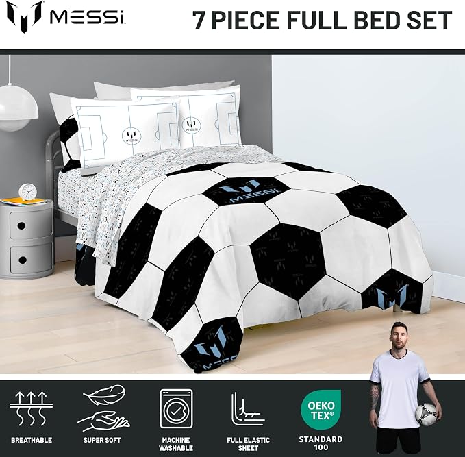 Jay Franco Kids Comforter Set Includes Sheets and Pillow Cover - Soft and Cozy Bed Set for Stylish Room Décor, White - Messi, 7 Piece Full