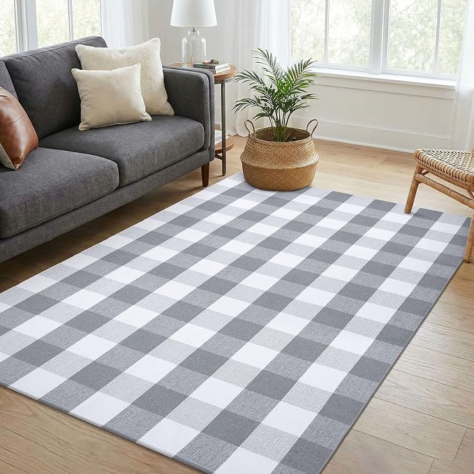 KOZYFLY Buffalo Plaid Area Rug 4x6 Ft Checkered Rug Washable Cotton Outdoor Rugs for Bedroom Gray and White Front Door Mat Carpet for Front Porch Living Room Dining Room Kitchen