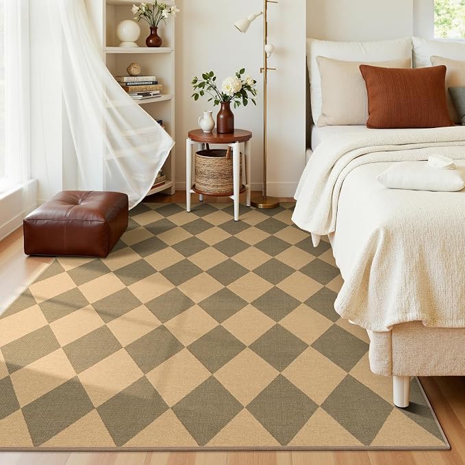 Lessymo Checkered Area Rugs 5x7 for Living Room, Washable Easy Jute Rug | Carpet for Outdoor Patio Backyard Dining Room Bedroom, Non Slip Farmhouse Indoor Mat, Stain Resistant, Diamond Brown/Beige