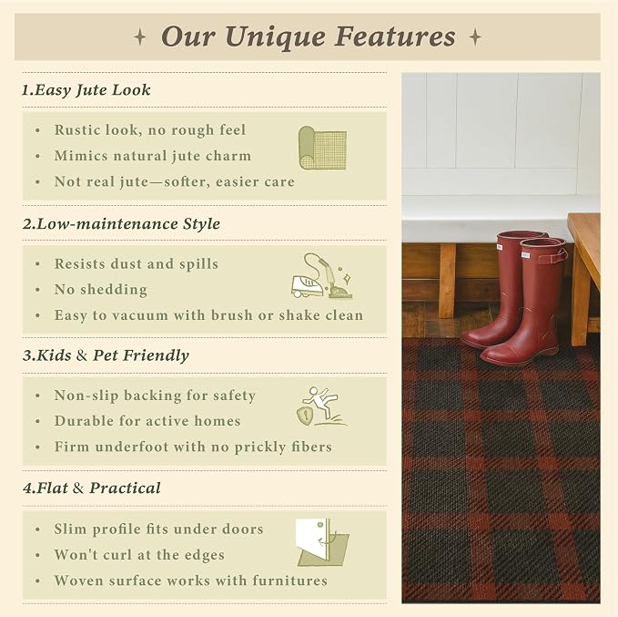 5x7 Farmhouse Mudroom Rug – Washable Non Slip Large Entryway Area Rug for Back Door, Garage Entrance, Durable Indoor Outdoor Style Plaid Rug for Kitchen Dining Room, Dark Brown