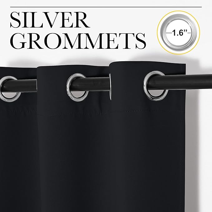 NICETOWN Bathroom Blackout Curtains and Drapes 48 inches Length, Black Solid Thermal Insulated Grommet Blackout Drapery Panels for Window (2 Panels, 34 inches Wide, Black)